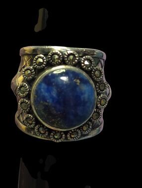 Vintage .925 Sterling Silver Lapis & Marcasite Deco Statement Ring – Size 8